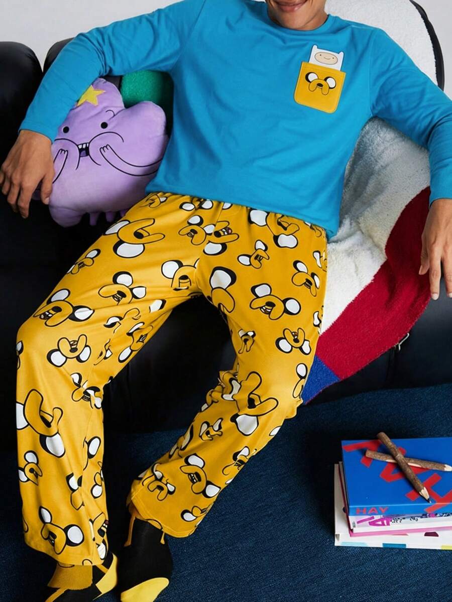 ADVENTURE TIME X SHEIN Men's Casual Knit Patched Pocket Dog Print T-Shirt & Allover Print Yellow Pants Loungewear Set