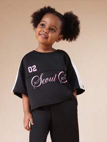 SUMWON Girls Oversized Seoul Graphic Color Block Short Sleeve T-Shirt And Wide Leg Jogger Pants Two Piece Set Casual Vacation - Black - View 3