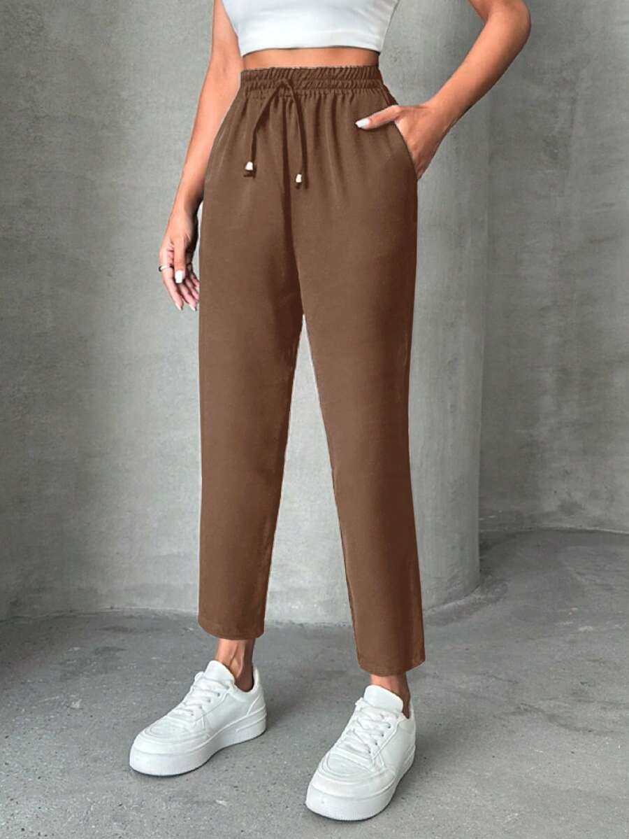 SHEIN PETITE Petite Pants With Drawstring, Slanted Pockets - Brown - View 1