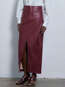 Aveloria Modichic Women's Solid Color High Waist Pocket Slit Hem PU Leather Mid-Length Skirt - Red - View 3