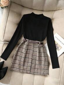 Franclia Brown Long Sleeve Knit Top And Khaki Pleated Plaid Skirt With Belt, Women's Casual Commuter 2-Piece Outfit Set, Suitable For Spring/Autumn - Black - View 2