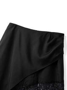 Rometta Plus Size Women Suit Material Ruched Asymmetrical Hem Lace Patchwork Elegant Skirt, Suitable For Commuting And Outings  Day - Black - View 4