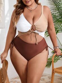 SHEIN CURVE+ 大码女士连体泳衣，休闲风格，适合夏季海滩度假，女士度假装，女士沙滩装，泳装，女士背心 - 咖啡棕 - 查看 4