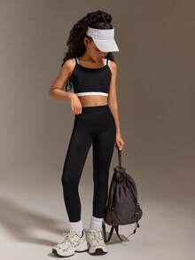 SHEIN Ensembles sans couture pour activités de préadolescentes, hauts et leggings 2 en 1 bicolores, tenue de yoga et de sport décontractée, couleurs contrastées noir et blanc, tissu extensible et confortable - Noir et Blanc - Voir 4
