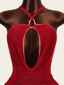 Zestiva Women's Solid Color Halter Backless Cover-Up Dress, Suitable For Beach Vacation - Red - View 3