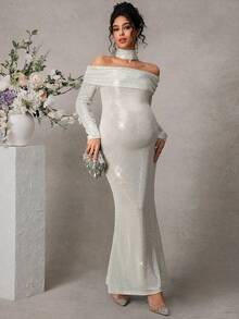 Cheriluna Maternity 孕妇写真露肩长袖修身鱼尾连衣裙，配腰带