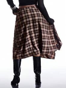 LYSMO 大码女式复古格子不对称下摆半身裙 - 棕色 - 查看 2