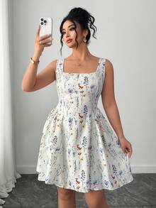 Elenzga 大码女式碎花方领无袖休闲连衣裙 - 彩色 - 查看 5