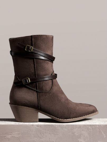 Styleloop Women's Pointed Toe Buckle Design Casual Western Style Ankle Boots Valentine's Day