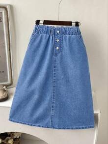SHEIN 少女水洗蓝牛仔裙，休闲舒适，适合日常穿着，夏季 - 淺色水洗藍 - 查看 1