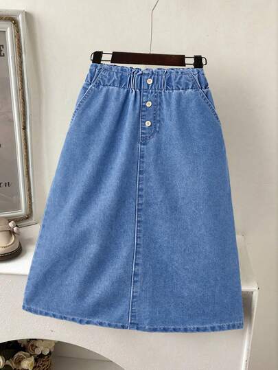 SHEIN 少女水洗蓝牛仔裙，休闲舒适，适合日常穿着，夏季