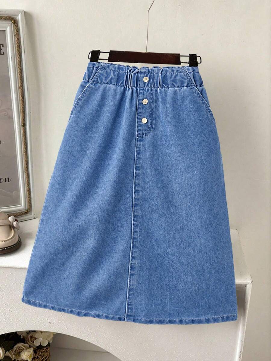 SHEIN 少女水洗蓝牛仔裙，休闲舒适，适合日常穿着，夏季 - 淺色水洗藍 - 查看 1