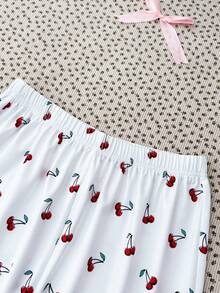 SHEIN 少女可爱樱桃印花蕾丝V领吊带背心+睡裤套装，柔软舒适 - 彩色 - 查看 5