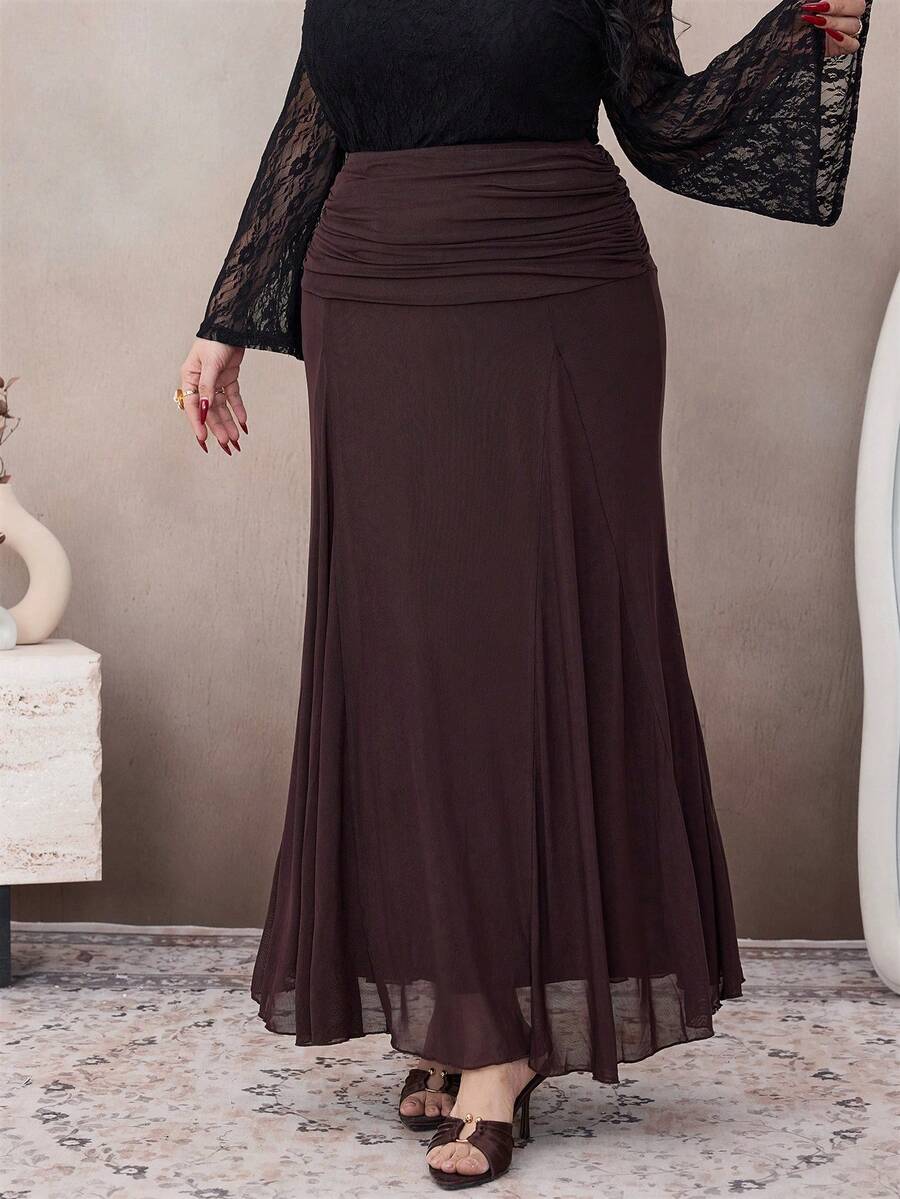 Modelyn 大码女式优雅休闲不对称网纱裙 - 咖啡棕 - 查看 1