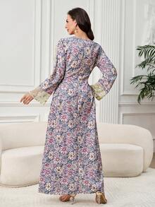 Al Najma Women's Floral Contrast Mesh Long Sleeve Elegant Arabic Dress - Multicolor - View 7
