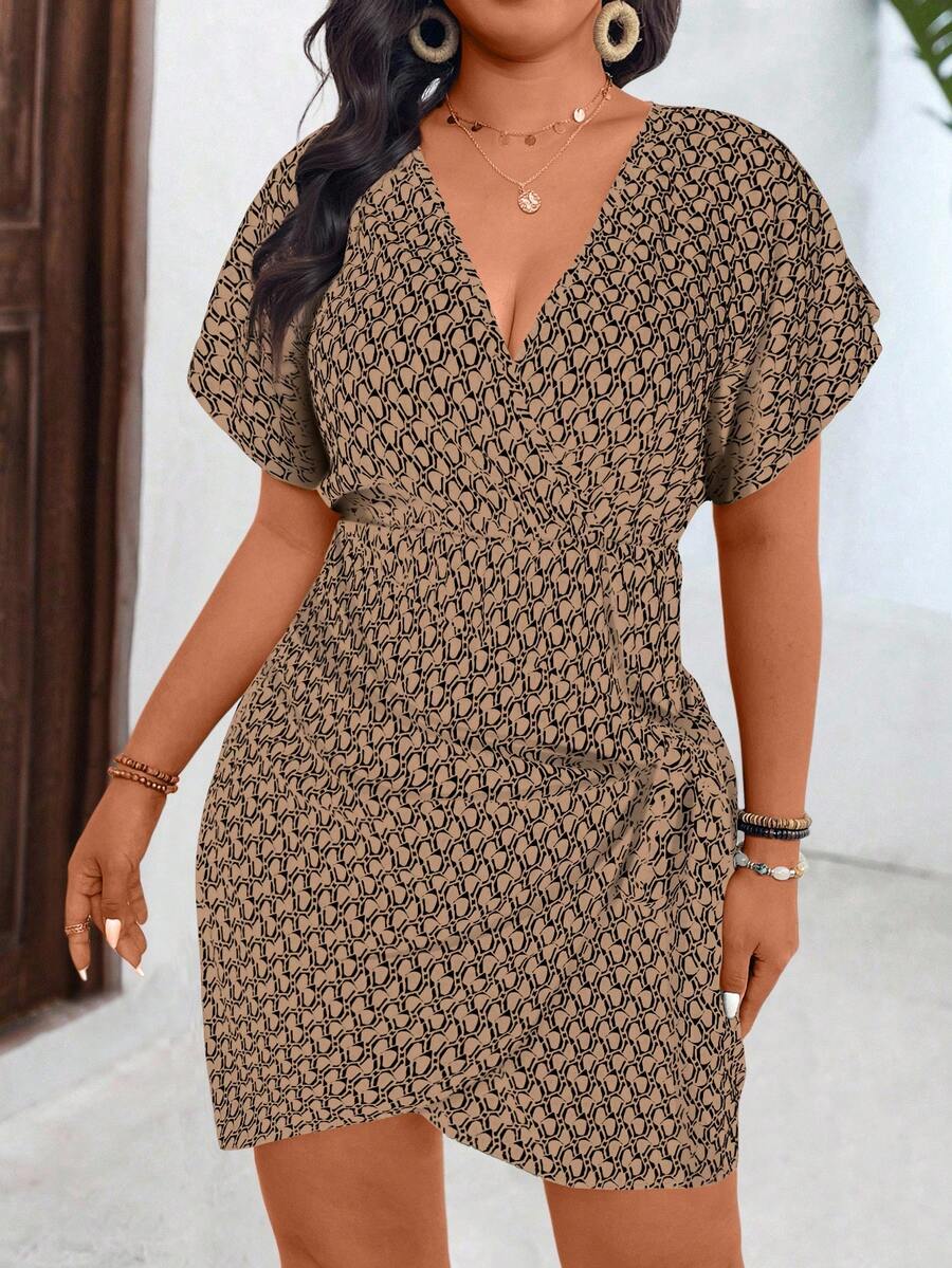 SHEIN Clasi 大码女式几何印花蝙蝠袖系带中长连衣裙 - 黃色 - 查看 1