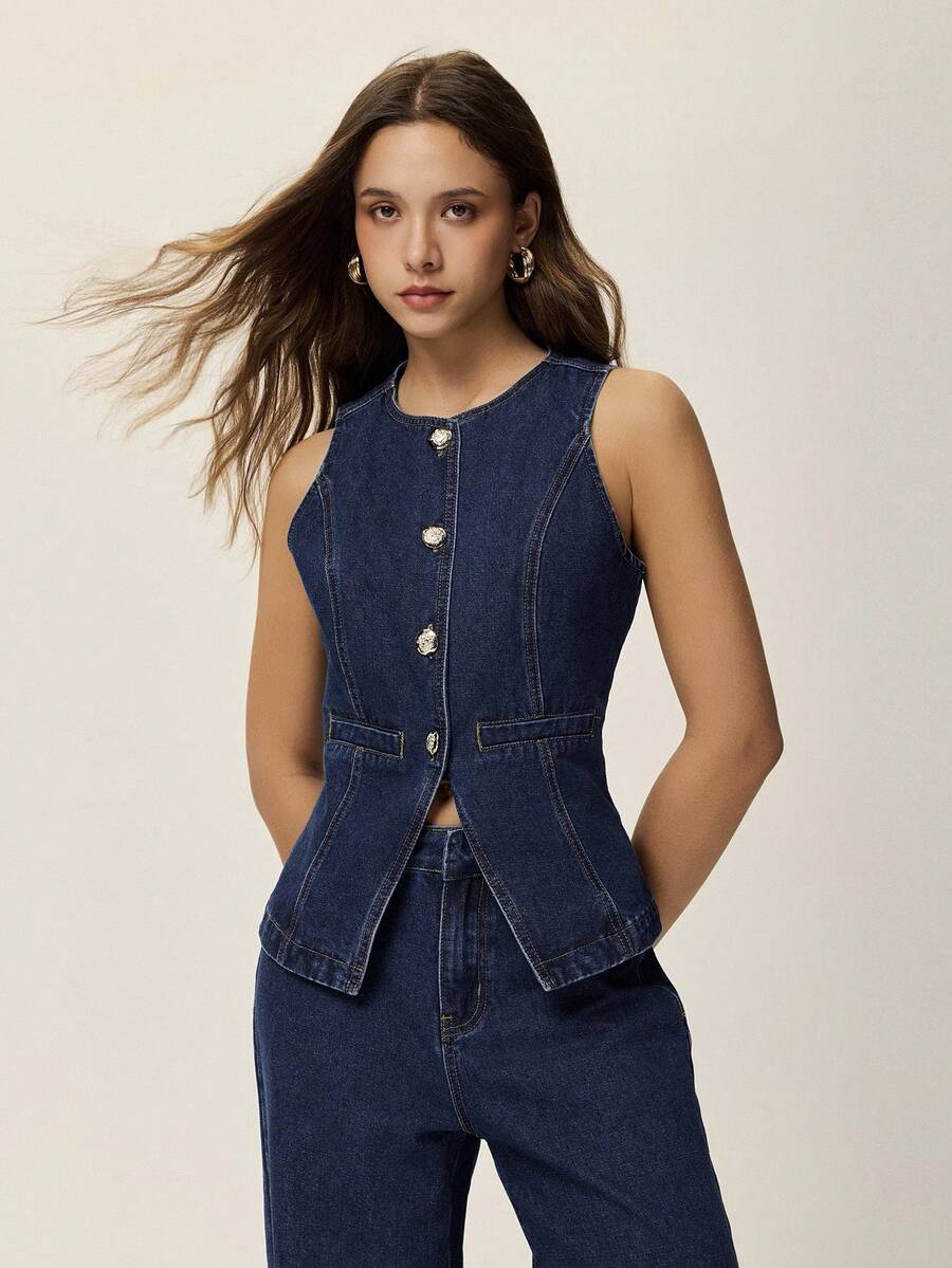 Poéselle 女士单排扣圆领牛仔背心和牛仔裤休闲套装 - 深色水洗藍 - 查看 1