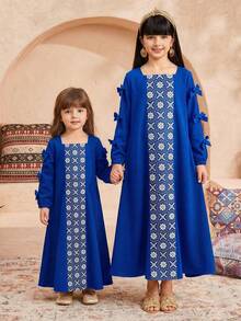 SHEIN Đầm maxi dài tay dáng chữ A rộng rãi, màu trơn, phối sọc, cổ vuông, trang trí nơ, dành cho bé gái tuổi teen, thích hợp cho du lịch, nghỉ dưỡng, phong cách đồng quê, nghỉ mát thường ngày, phong cách bohemian, hoặc phối đồ đôi cho chị em gái. - Hồng - Xem 6