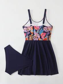 Swim Lushoire 2026 Women Summer Beach Holiday Navy Blue Tropical Random Print Dress Style Mature Fashion Camisole Strap Bikini With Bottom Swimsuit Set - Multicolor - View 4