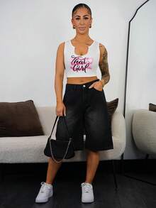 SAYEHFBABY 女式寬鬆直筒牛仔短褲，膝上長度，帶口袋，休閒款式 - 黑色 - 查看 1