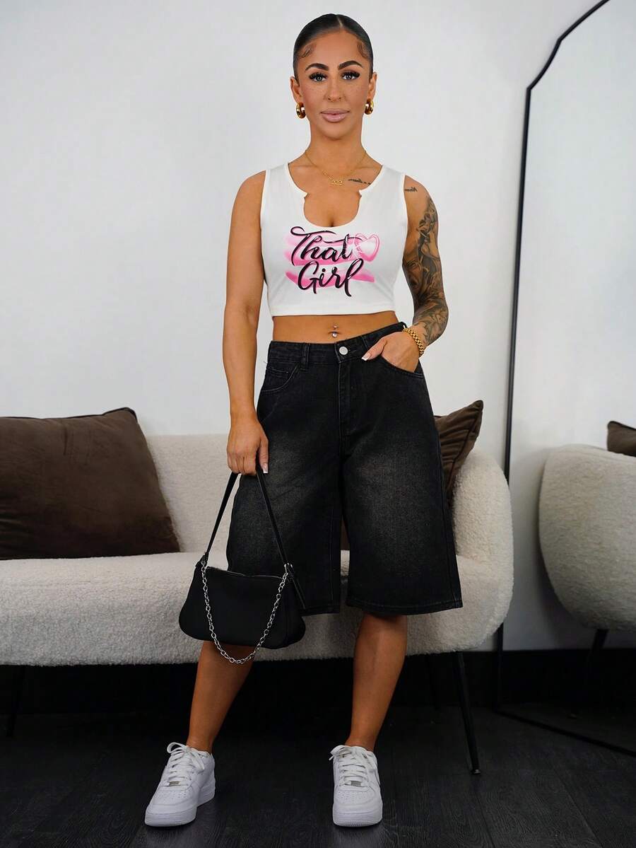 SAYEHFBABY 女式寬鬆直筒牛仔短褲，膝上長度，帶口袋，休閒款式 - 黑色 - 查看 1