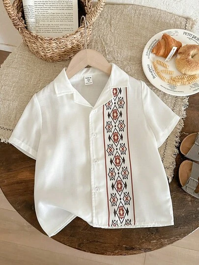 LMoss Kids Young Boy Printed Woven White Casual Shirt, Fashionable, Suitable For Spring/Summer