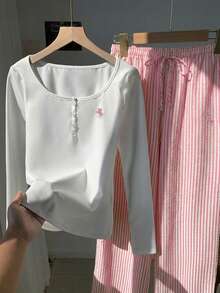 Comfortcana 2026新款春夏女式休闲刺绣细节纽扣上衣和条纹裤两件套，粉色春季套装，适合海滩、感恩节、新年、圣诞节和其他场合。 - 粉色 - 查看 4