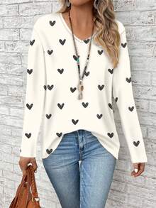 EMERY ROSE Plus Size Women's Loose V-Neck Long Sleeve T-Shirt With Minimalist Heart Print,Vacation/Summer/Spring - Multicolor - View 4