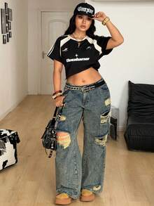 Coolane 夏季大码街头风日常穿搭学院风复古运动风休闲音乐节针织字母印花弹力梭织拼接宽松短款插肩袖黑色针织T恤，夏季上衣 - 黑色 - 查看 4