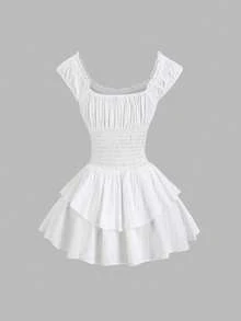 Sweetra Süßes, lässiges, kurzes weißes Kleid mit geblümtem, geschichtetem Saum, Frühling/Sommer - Weiss - Übersicht 3