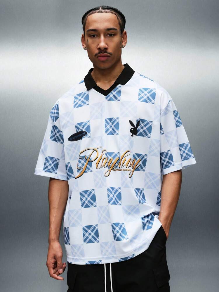PLAYBOY X SUMWON Men's Checkered Pattern Football Jersey Short Sleeve Polo Shirt With Branding Casual Sports Top