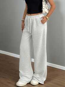 Teen Girls Casual Loose Fit Low Waist Elastic Waistband Wide Leg Sweatpants, Suitable For Spring, Summer, Autumn And Winter - Light Grey - View 2