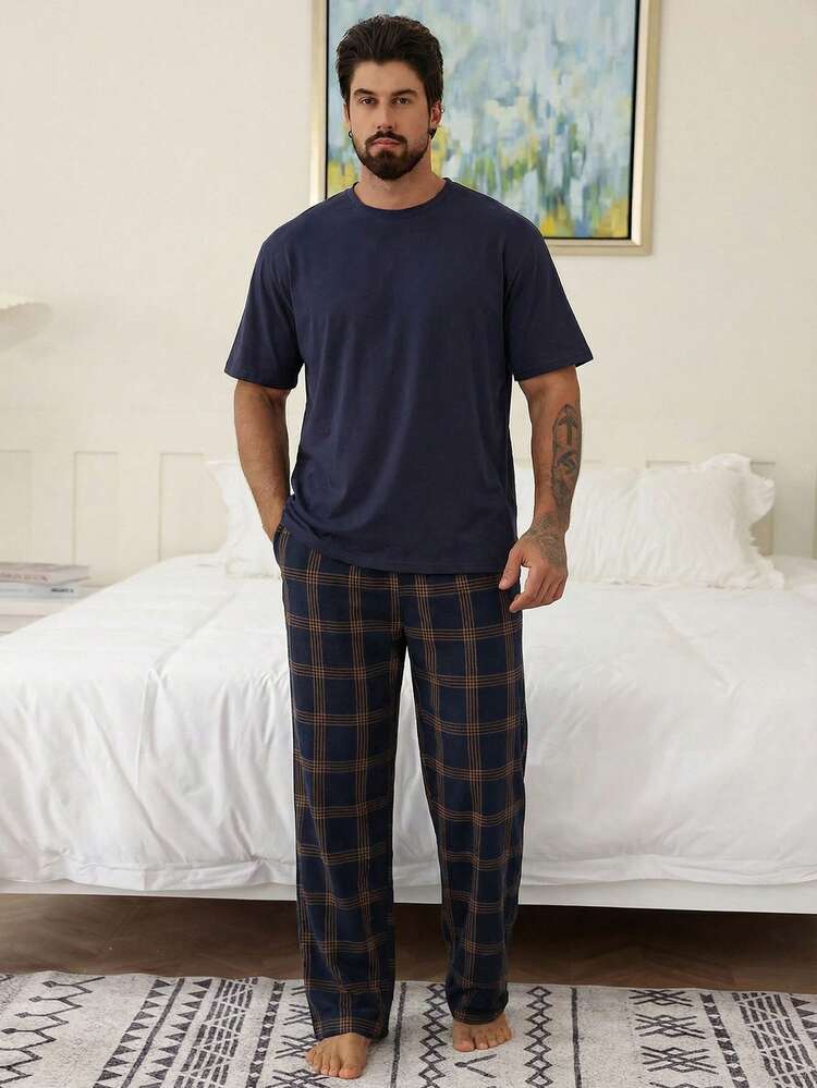 Multi-Color Short Sleeve T-Shirt And Pants Men's Pajama Set, Spring/Summer