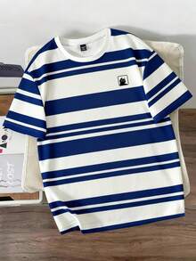 Manfinity Joysei Men's Casual Striped Funny Cat Print Round Neck Short Sleeve T-Shirt