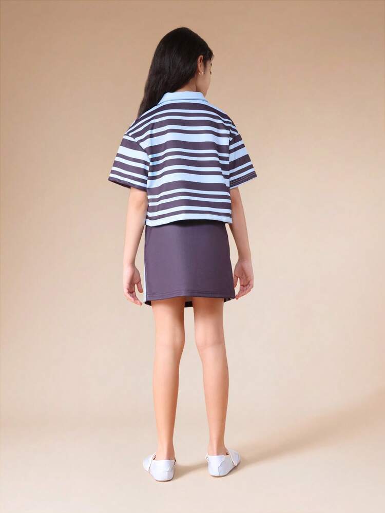 Striped Polo And Skirt Set With Print