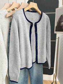 Franclia Cárdigan de punto holgado de cuello redondo de manga larga con ribete de contraste, estilo retro francés para mujer, otoño/invierno - Gris Claro - Ver 5