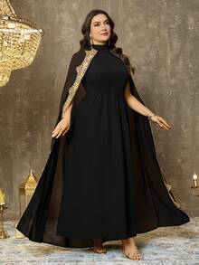 EMERY ROSE 大码闪亮高领披肩式连衣裙，优雅迷人，适合约会和派对 - 黑色 - 查看 5