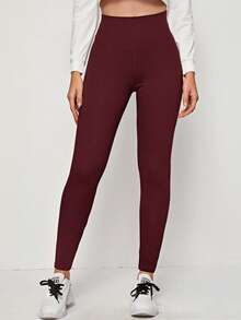 SHEIN EZwear 女士新款纯色高腰针织打底裤 - 酒紅色 - 查看 4