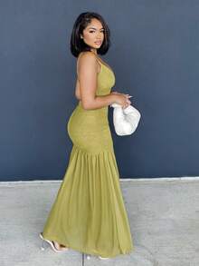 Alexandranx Ruched Front Drop Hem Dress Vacation Spring Spring Summer Occasion Wedding Deep V Cute Sexy Elegant Vacation Beach Holiday Ibiza Fall Night Out Wedding Guest, Elegant, Birthday, Church, Night Out Christmas - Olive Green - View 5