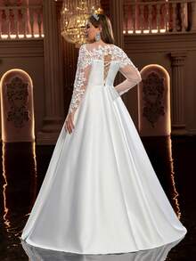 Glamrae Vestido de Noiva Elegante, Romântico e Luxuoso de Manga Longa com Ombro Único, Transparente, com Aplicações Decorativas em Cetim e Tule, Modelo A-Line (Design Muito Ornamentado), Plus Size - Branco - Visão 6