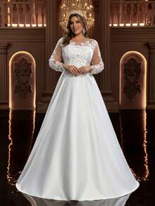 Glamrae Vestido de Noiva Elegante, Romântico e Luxuoso de Manga Longa com Ombro Único, Transparente, com Aplicações Decorativas em Cetim e Tule, Modelo A-Line (Design Muito Ornamentado), Plus Size - Branco - Visão 4
