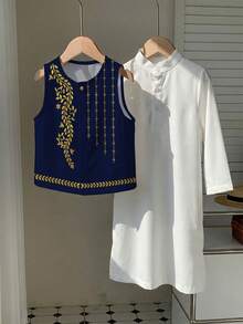 SHEIN 2pcs/Set Vintage Star & Moon Print Vest + Stand Collar Long Shirt, Casual Outfit For Young Boys, Suitable For School, Birthday, Spring, Summer, Autumn - Multicolor - View 7