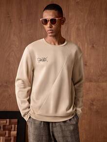 AKNOTIC Business Casual 男士休闲日常通勤简约字母印花圆领卫衣，春秋季 - 卡其色 - 查看 4