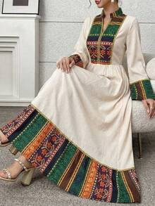 SHEIN Elegant Apricot Print Dress For Teen Girls,Dignified Floral Patterns High-End Style,Beige,Autumn,Casual,Graduation,Wedding Ninang,Travel Photography - Apricot - View 7