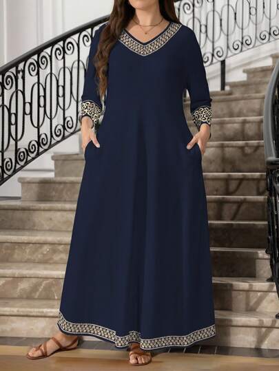 Lacomfia 大码女式复古碎花印花休闲圆领长袖带口袋连衣裙，优雅时尚