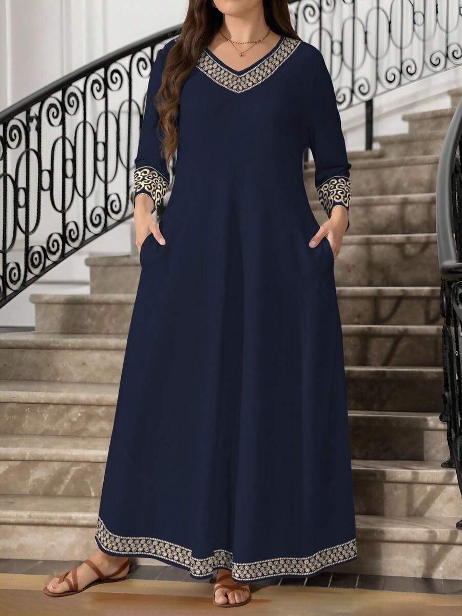 Lacomfia 大码女式复古碎花印花休闲圆领长袖带口袋连衣裙，优雅时尚 - 彩色 - 查看 1