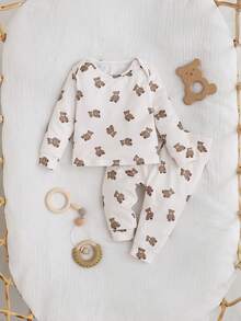 SHEIN 新生女宝宝休闲可爱卡通图案针织长袖上衣和裤子睡衣套装