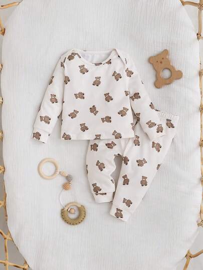 SHEIN 新生女宝宝休闲可爱卡通图案针织长袖上衣和裤子睡衣套装