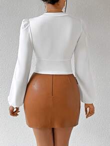 SHEIN PETITE Women's V-Neck Ruffle Long Puff Sleeve Fitted Blouse, Commuter Style, Spring/Summer - White - View 2