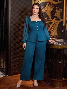Modelyn 复古蓝绿色方领套装：珍珠纽扣雪纺泡泡袖露脐上衣 + 高腰直筒阔腿裤 / 优雅办公室穿搭 大码两件套 - 水鴨藍 - 查看 2